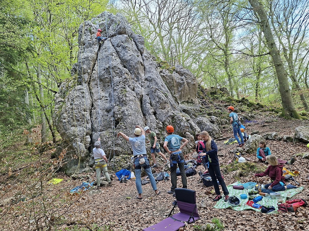 Mehrere Menschen klettern und sichern an einem großen Felsen im Wald. Einige Personen sitzen oder stehen am Boden und beobachten die Kletternden. Kletterausrüstung ist sichtbar.