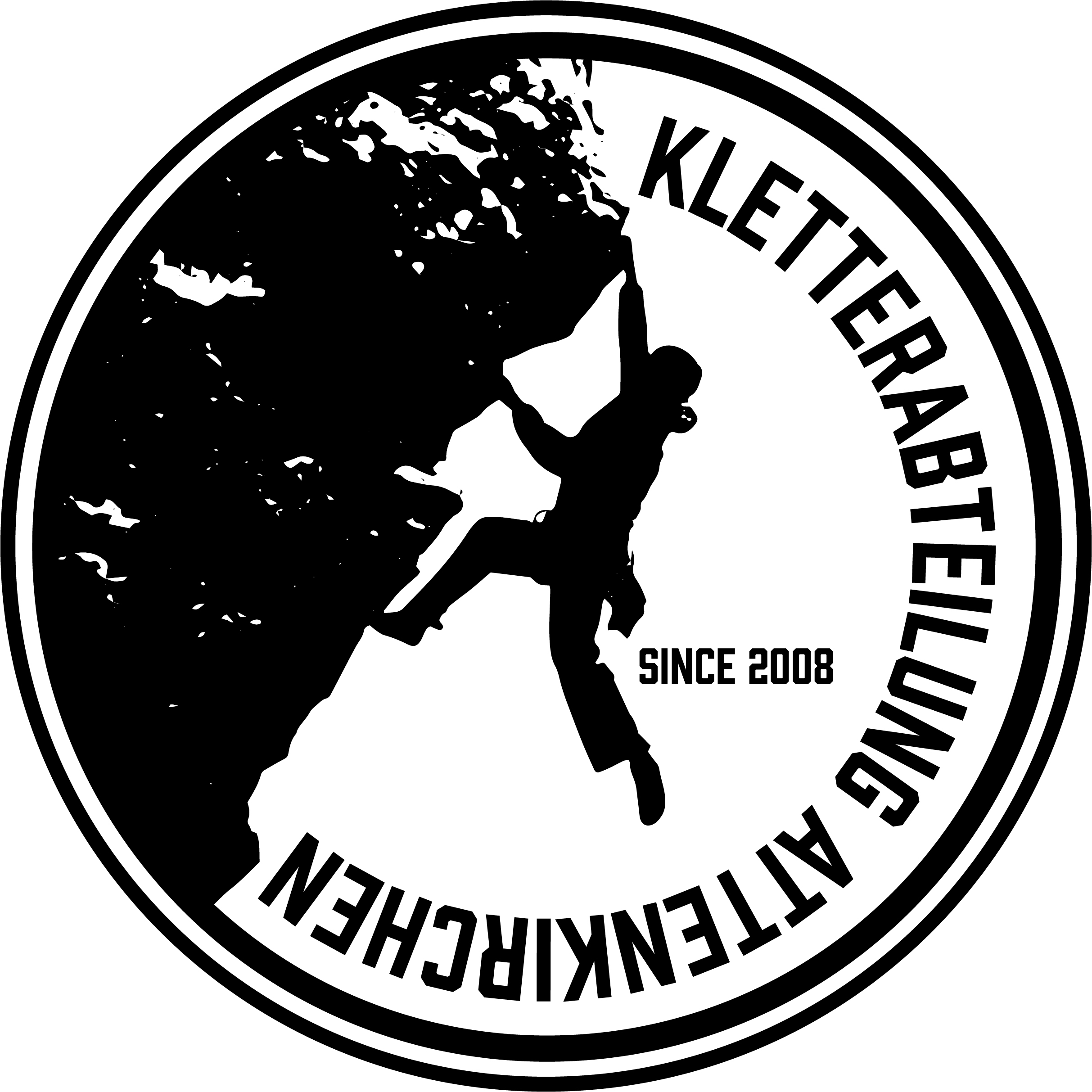 Logo mit dem Schriftzug „Kletterabteilung Attenkirchen, seit 2008“. In der Mitte sieht man die Silhouette einer Person, die an einem Felsen klettert.